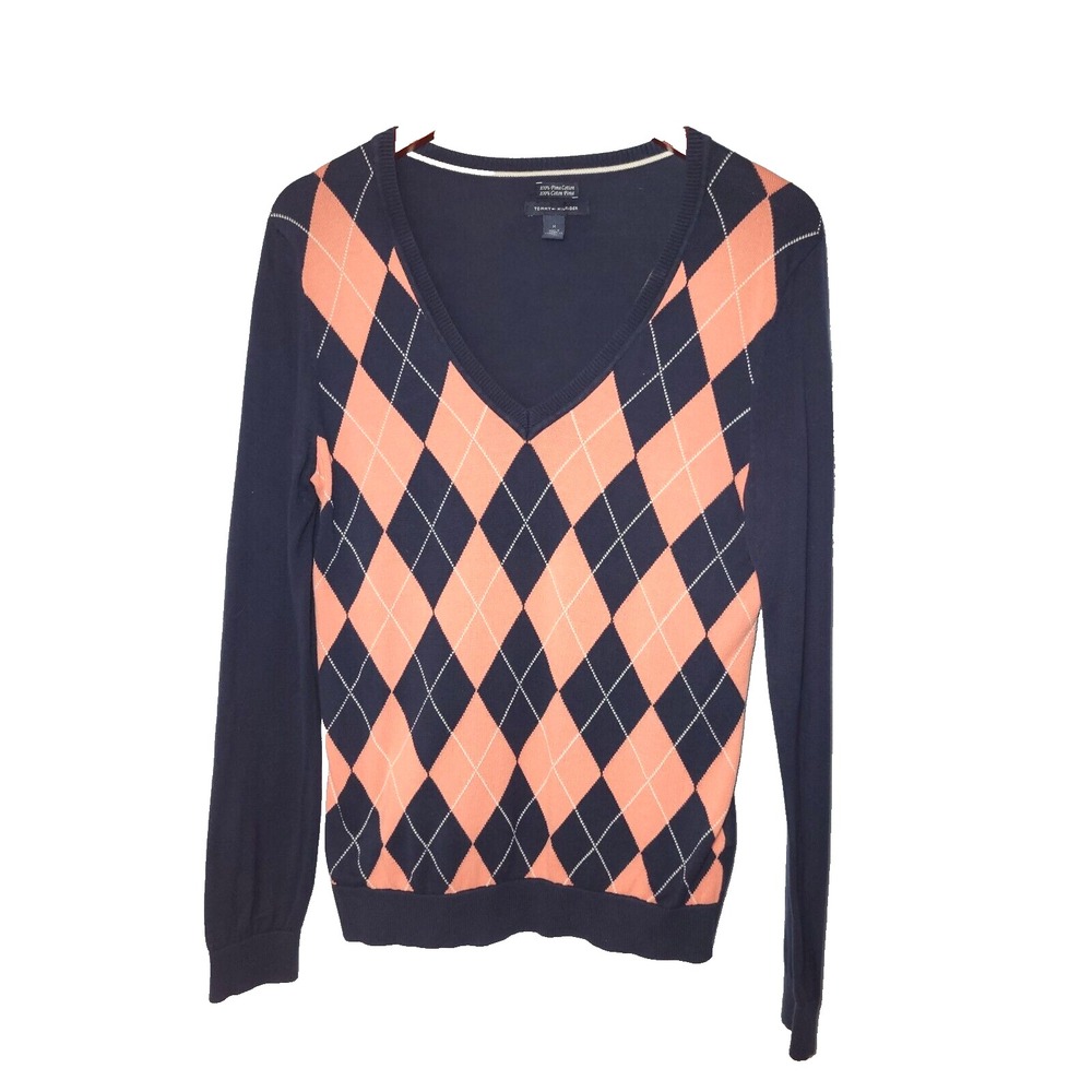Tommy Hilfiger Cotton Peach/Navy Argyle V-Neck Pima Cotton Sweater Preppy Medium